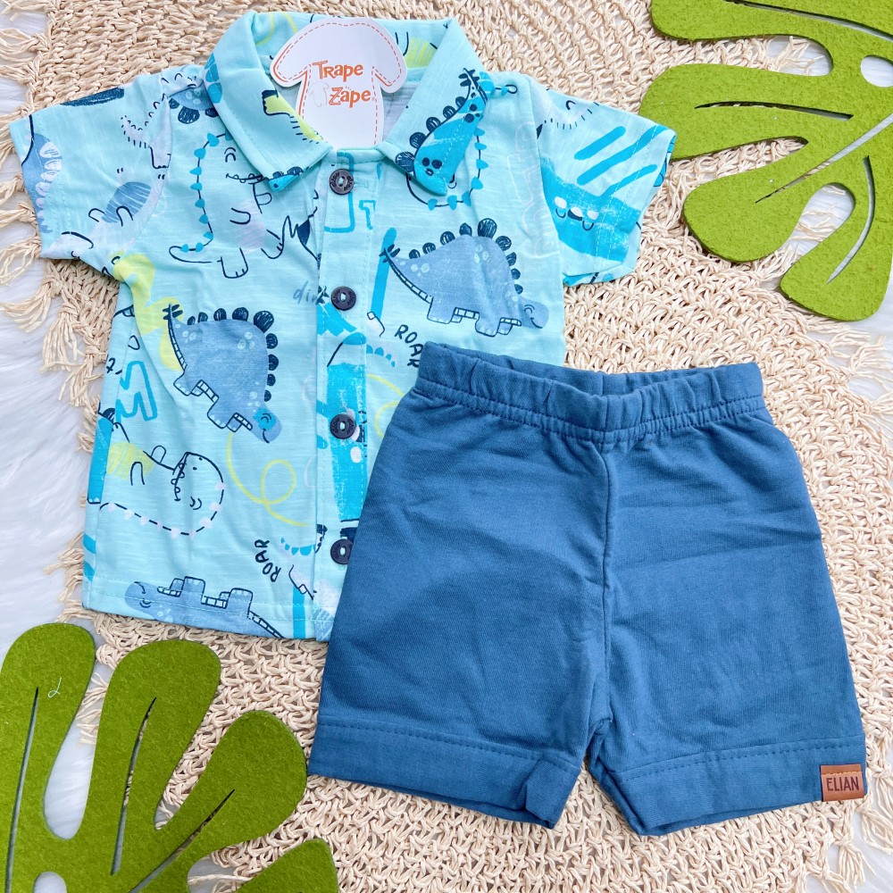  Verão 24/25 - Conj. Camisa Dinossauros e Short - Verde e Azul