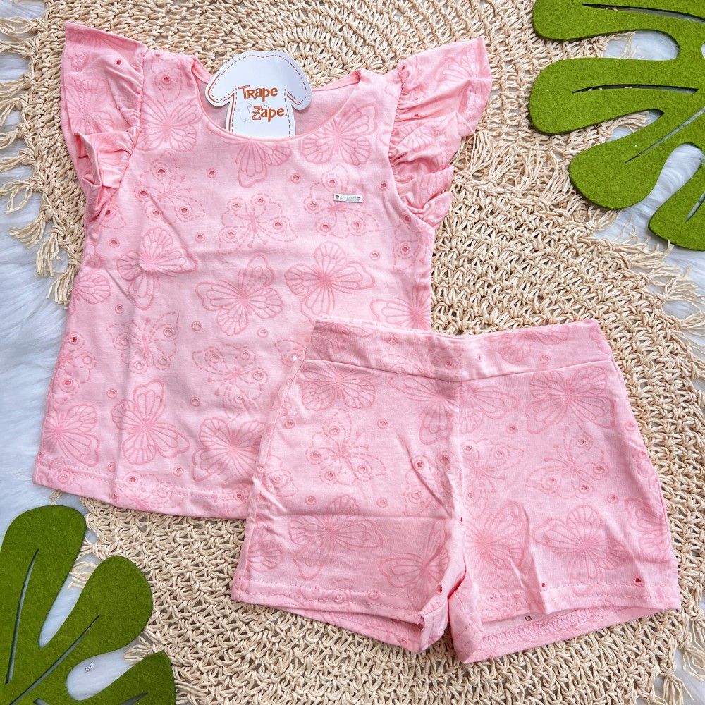  Verão 24/25 - Conj. Blusa e Short em Lese Borboletas - Rosa