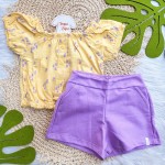 Verão 24/25 - Conj. Batinha Minis Abacaxis e Short em Moletinho - Amarelo e Lilás