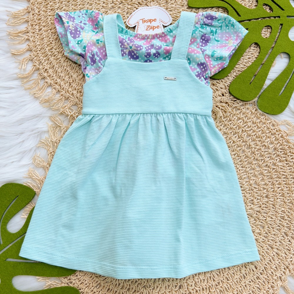 Verão 24/25 - Conj. Blusa Floral com Bolinhas e Vestido - Verde Água