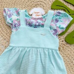 Verão 24/25 - Conj. Blusa Floral com Bolinhas e Vestido - Verde Água