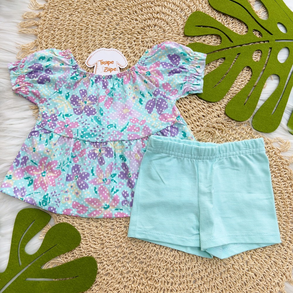 Verão 24/25 - Conj. Batinha Floral com Bolinhas e Short - Verde Água