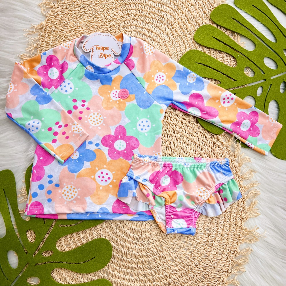 Verão 24/25 - Praia Blusa Manga Longa com Proteção UV50+ e Calcinha - Floral Colorido