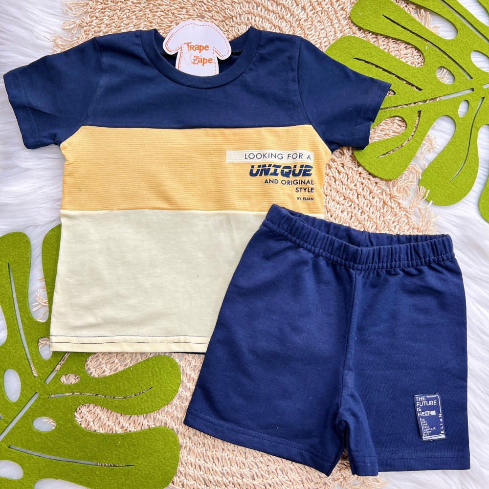 Verão 24/25 - Conj. Blusa Lookin For Unique e Short em Moletinho-Marinho e Amarelo