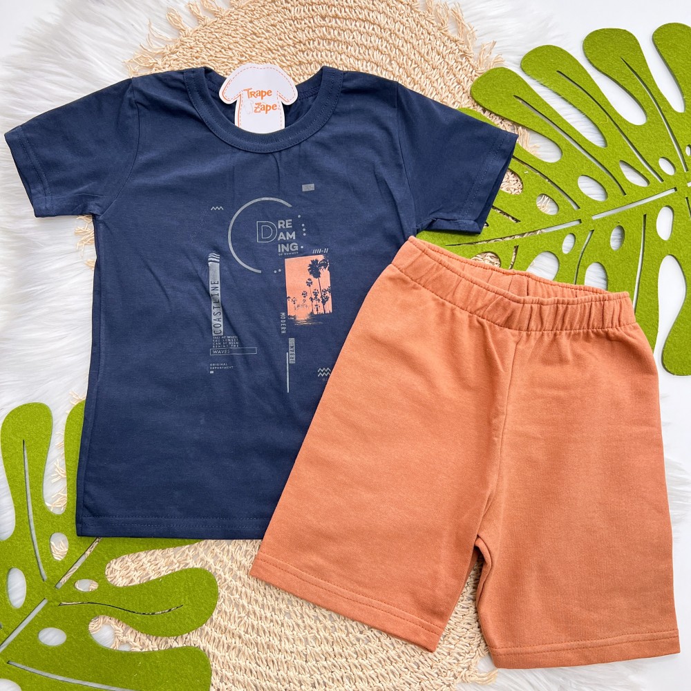 Verão 24/25 - Conj. Camiseta Dreaming e Short em Moletinho - Marinho e Ferrugem