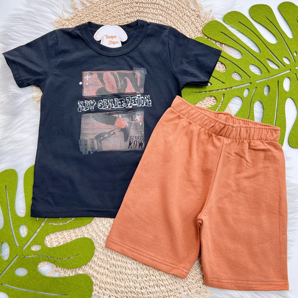 Verão 24/25 - Conj. Camiseta New Generation e Short em Moletinho - Preto e Ferrugem