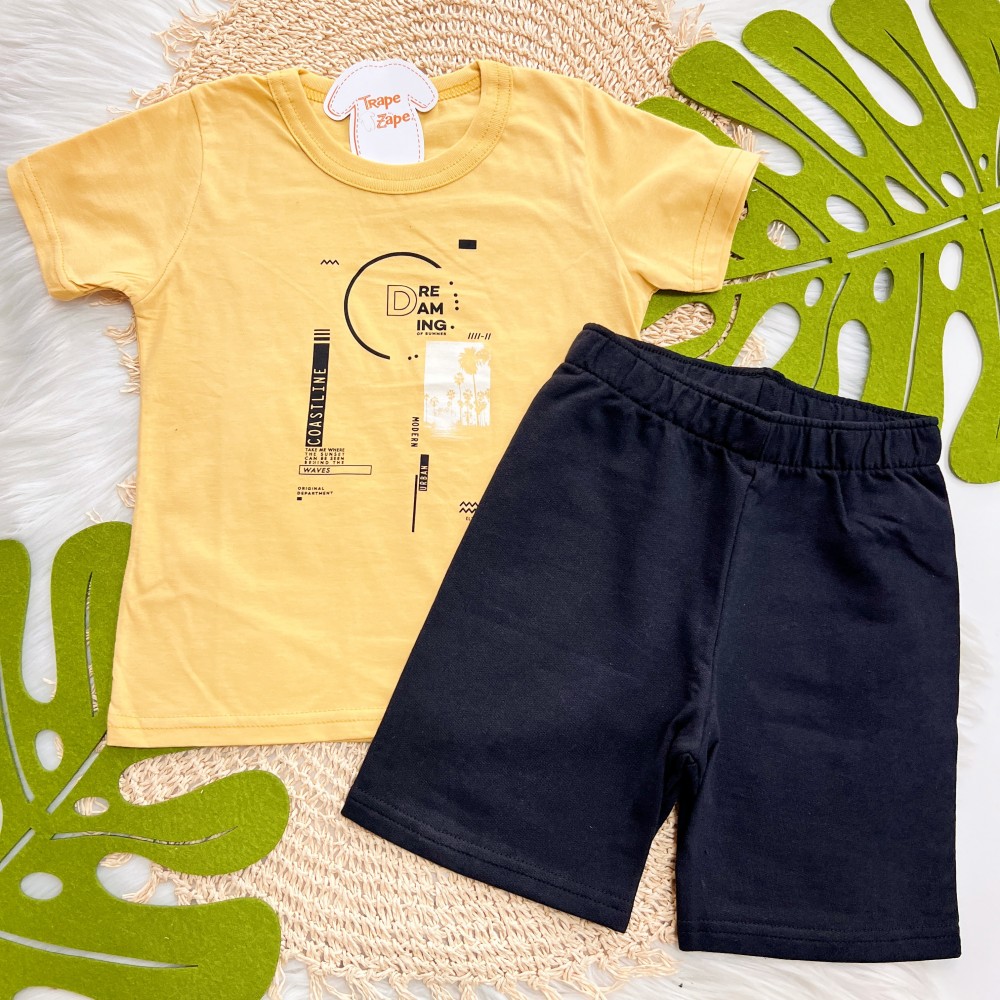 Verão 24/25 - Conj. Camiseta Dreaming e Short em Moletinho - Mostarda e Preto