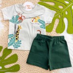 Verão 24/25 - Conj. Blusa Zoo e Short em Moletinho - Bege e Verde Musgo