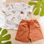 Verão 24/25 - Conj. Blusa Dinos Babys e Short em Moletinho - Bege e Ferrugem