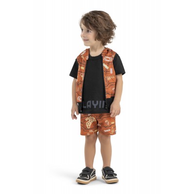 Verão 24/25 - Conj. Colete com Capuz, Camiseta Playing e Short Gamers - Marrom