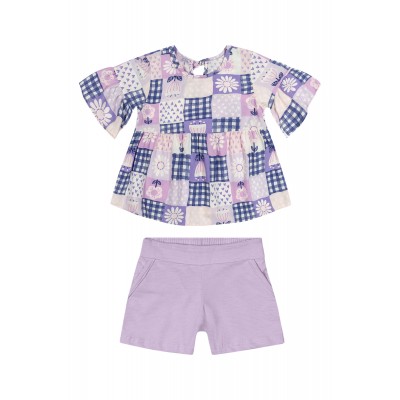 Verão 24/25 - Conj. Batinha Florzinhas com Corações e Short - Lilás