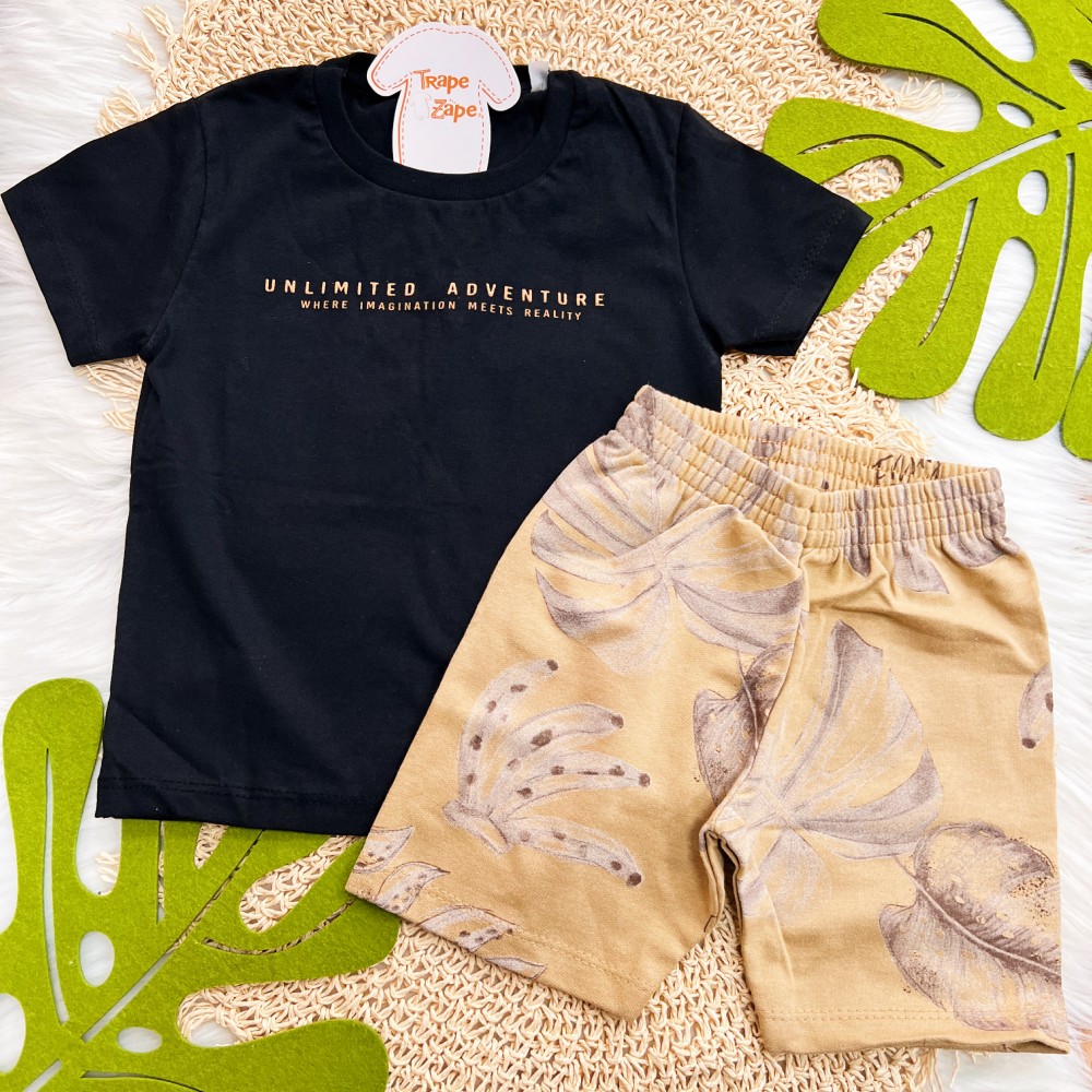 Verão 24/25 - Conj. Camiseta Unlimited Adventure e Short Folhas - Preto e Marrom