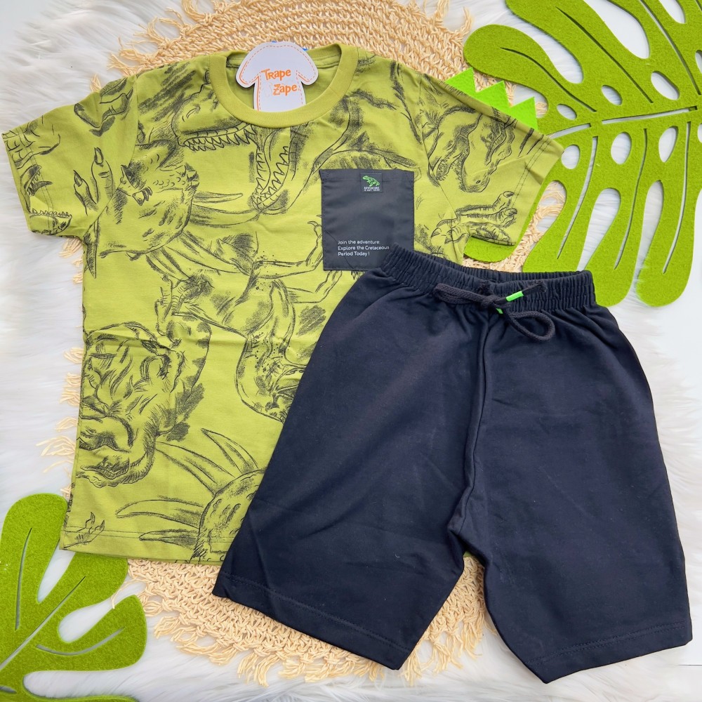 Verão 24/25 - Conj. Camiseta Dino Rex com Bolso e Short em Moletinho - Verde Musgo e Preto