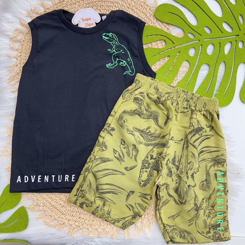 Verão 24/25 - Conj. Regata Dino Rex e Short em Moletinho Adventure - Preto e Verde Musgo