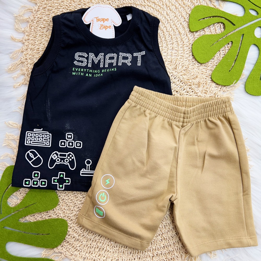 Verão 24/25 - Conj. Regata Smart Controles e Short em Moletinho - Preto e Marrom