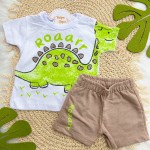 Verão 24/25 - Conj. Camiseta Dino Verde Rooar e Short em Moletinho - Branco e Marrom