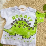 Verão 24/25 - Conj. Camiseta Dino Verde Rooar e Short em Moletinho - Branco e Marrom