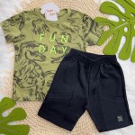 Verão 24/25 - Conj. Camiseta Dino Rex Fun Day e Short em Moletinho - Verde Musgo e Preto