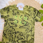 Verão 24/25 - Conj. Camiseta Dino Rex Fun Day e Short em Moletinho - Verde Musgo e Preto