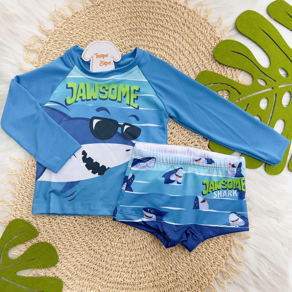 Verão 24/25 - Praia Blusa Manga Longa  com Proteção UV50+  Tubarão Jawsome e Sunga - Azul