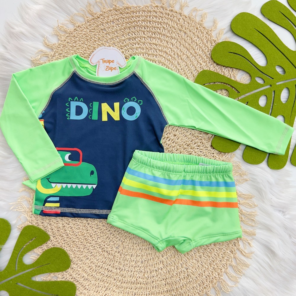 Verão 24/25 - Praia Blusa Manga Longa  com Proteção UV50+  Dino e Sunga - Verde e Colorido