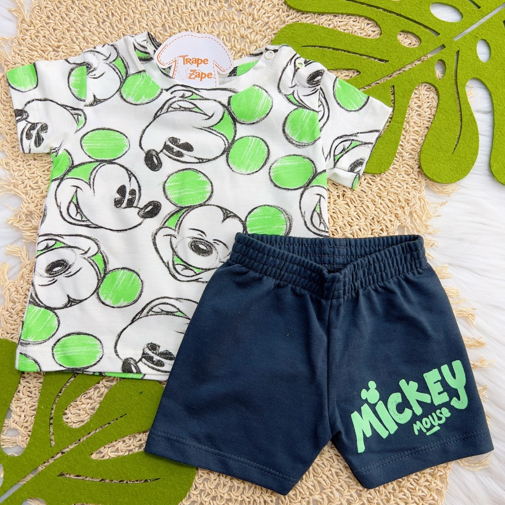 Verão 24/25 - Conj. Camiseta Mickey Mouse e Short em Moletinho - Off White e Verde