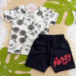 Verão 24/25 - Conj. Camiseta Mickey Mouse e Short em Moletinho - Off White e Preto