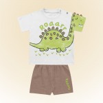 Verão 24/25 - Conj. Camiseta Dino Verde Rooar e Short em Moletinho - Branco e Marrom