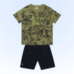 Verão 24/25 - Conj. Camiseta Dino Rex Fun Day e Short em Moletinho - Verde Musgo e Preto