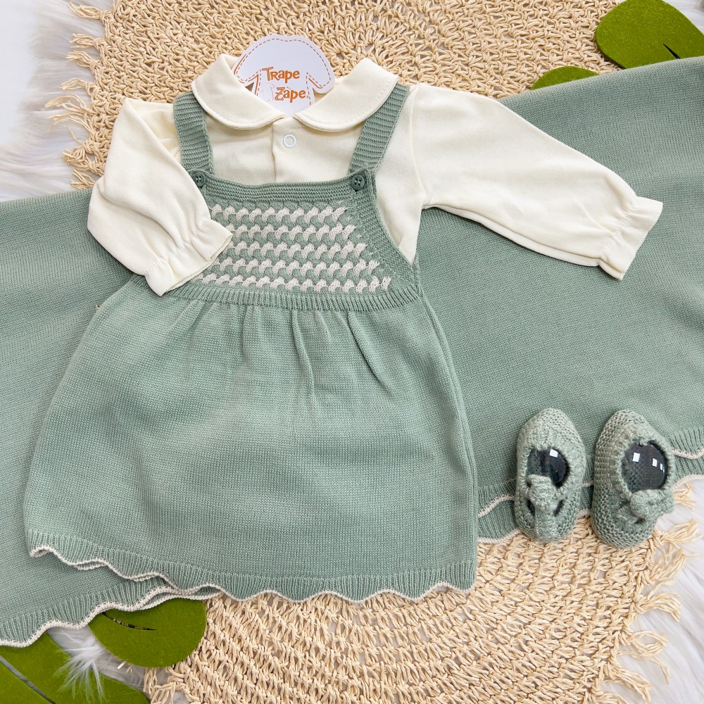 Saída de Maternidade Fofinho - Vestido com Body e Sapato - Verde