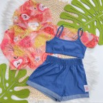 Verão 24/25 - Conj. Blusa Frutinhas com Capuz, Top e Short - Vermelho e Azul Marinho