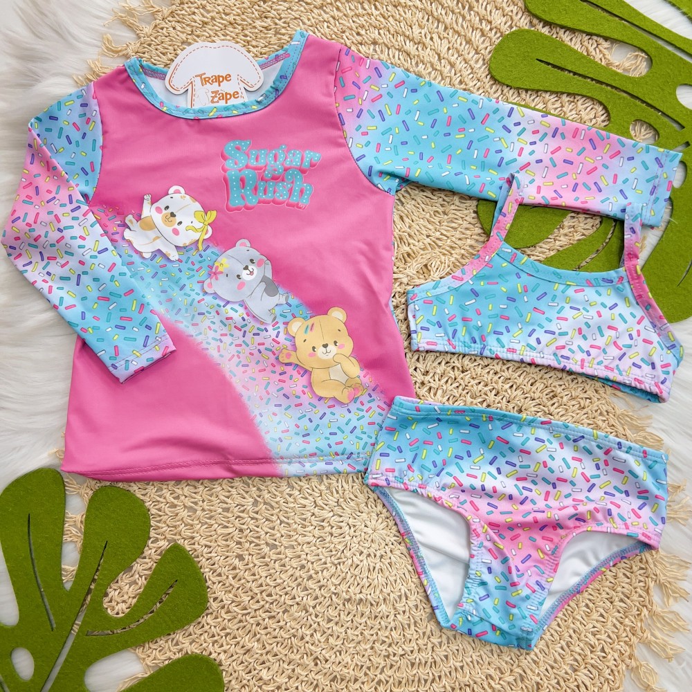 Verão 24/25 - Praia Blusa Manga Longa Sugar Rush com Proteção FPU50+, Biquini e Calcinha Confetes - Rosa e Azul