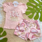 Verão 24/25 - Conj. Blusa Love Strawberry e Short Morangos - Rose