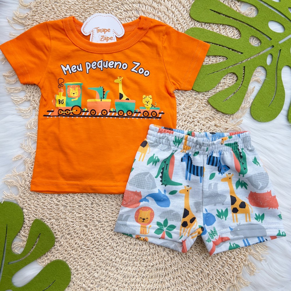 Verão 24/25 - Conj. Camiseta Meu Pequeno Zoo e Short - Laranja e Mescla