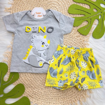 Verão 24/25 - Conj. Camiseta Manga Curta e Short Dino Folhagem - Mescla e Amarelo