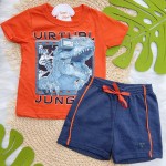 Verão 24/25 - Conj. Camiseta Dinossaur Virutal Jungle e Short - Laranja e Marinho