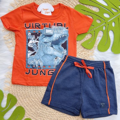 Verão 24/25 - Conj. Camiseta Dinossaur Virutal Jungle e Short - Laranja e Marinho
