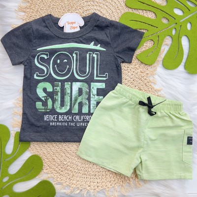 Verão 24/25 - Conj. Camiseta Soul Surf e Short com Bolso - Chumbo e Verde