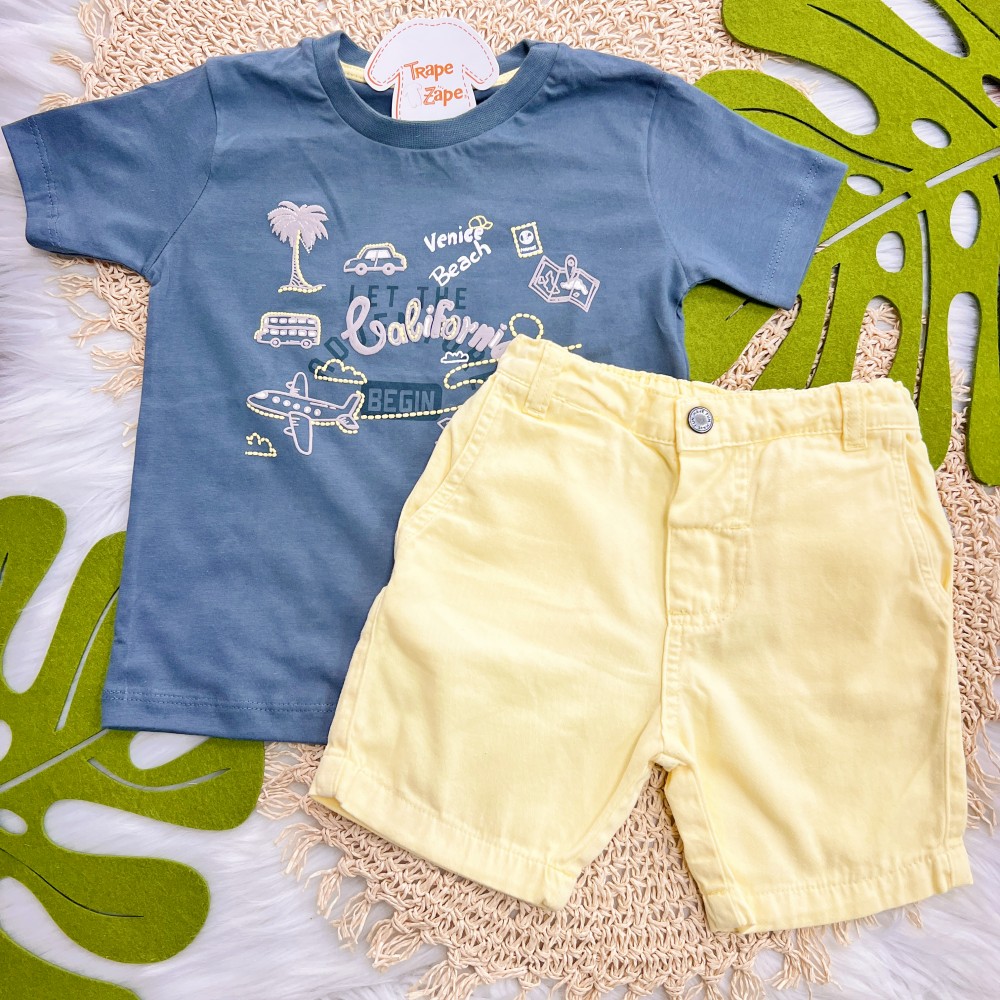  Verão 24/25 - Conj. Camiseta Let The California e Short em Sarja - Azul Petróleo e Amarelo