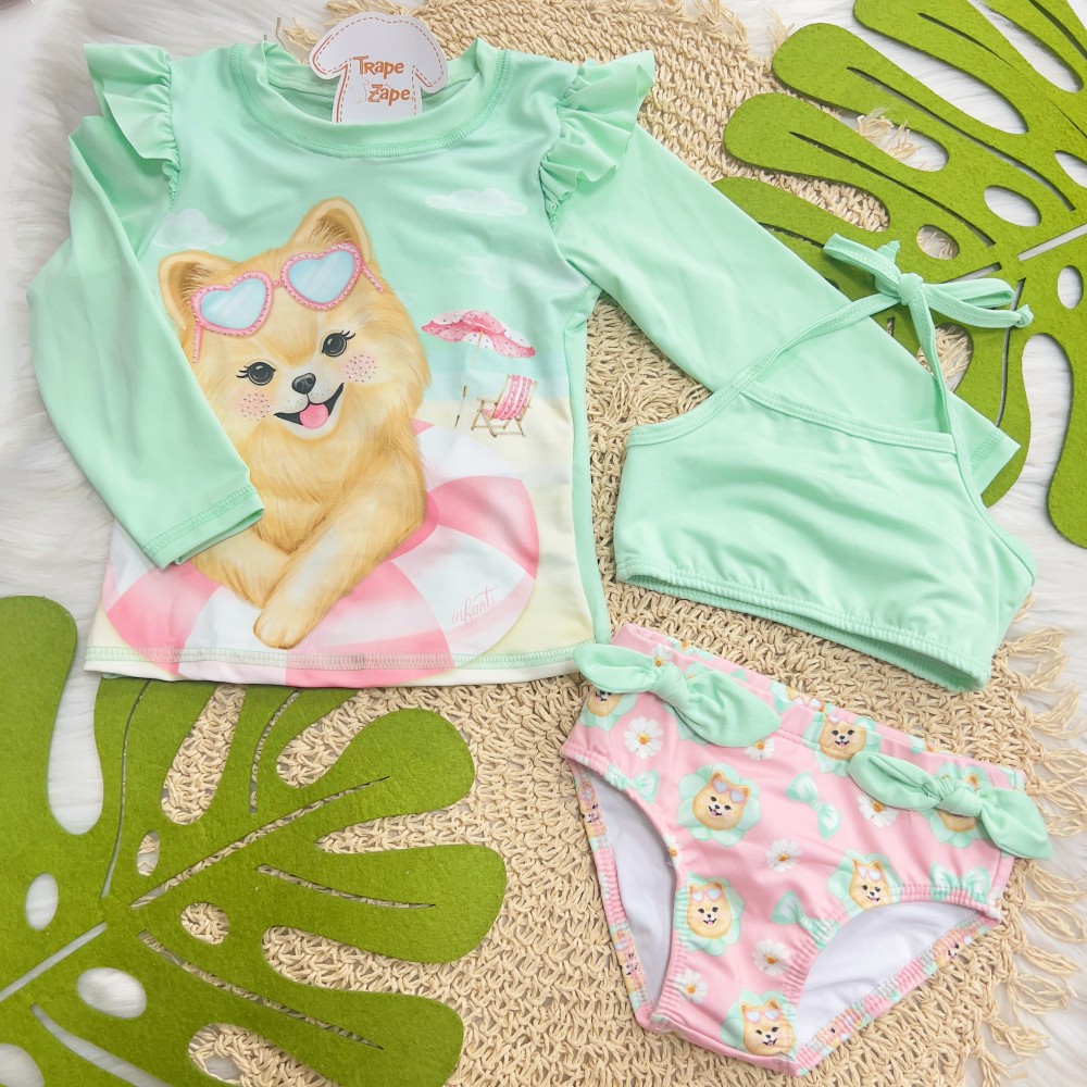 Linha Praia - Blusa Manga Longa Cachorrinha e Biquini com Proteção FPS50 - Verde