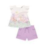 Verão 24/25 - Blusinha Ice Cream com Bichinhos e Short - Off White e Lilás