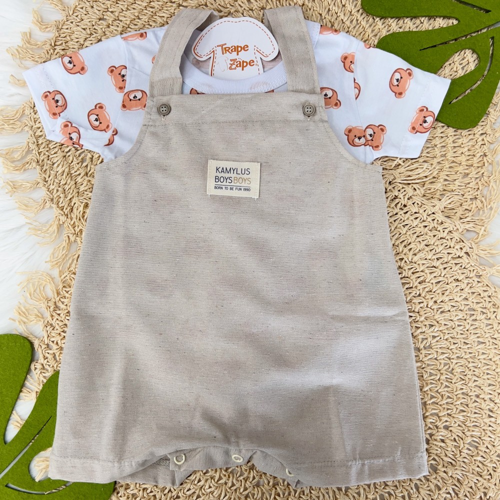 Verão 24/25 - Conj. Blusa Ursinhos Marrons e Jardineira - Branco e Areia