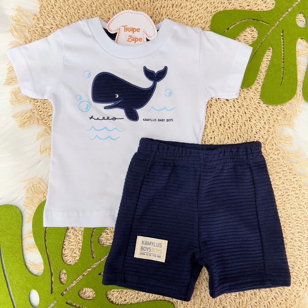 Verão 24/25 - Conj. Blusa Baby Baleia e Short - Branco e Marinho