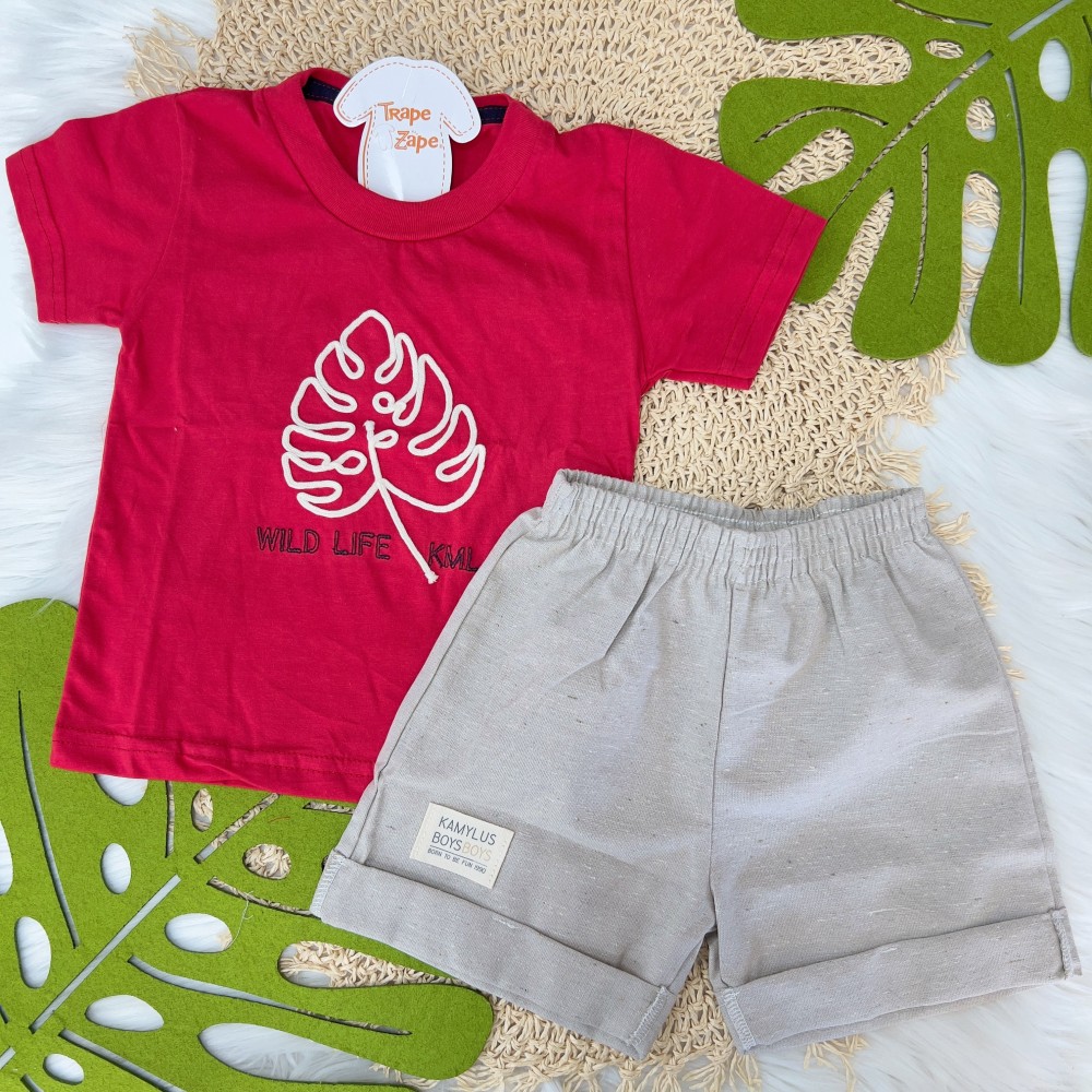 Verão 24/25 - Blusa Folha Wild Life e Short - Vermelho e Areia