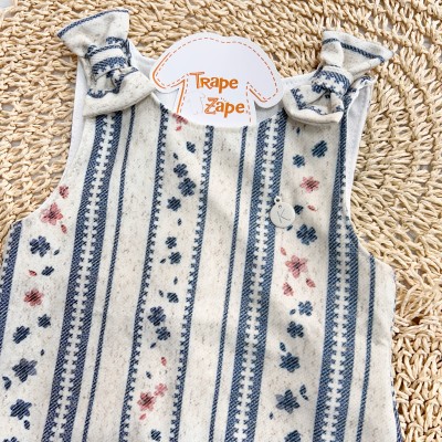  Verão 24/25 - Conj. Regata e Tapa Fralda de Linho com Flores - Off White e Marinho