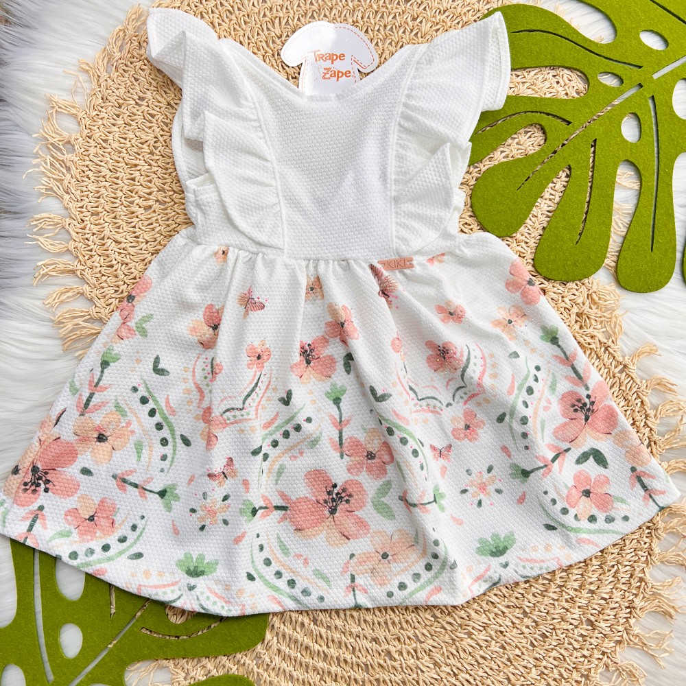  Verão 24/25 - Vestido Off White com Borboletas no Jardim Rosa