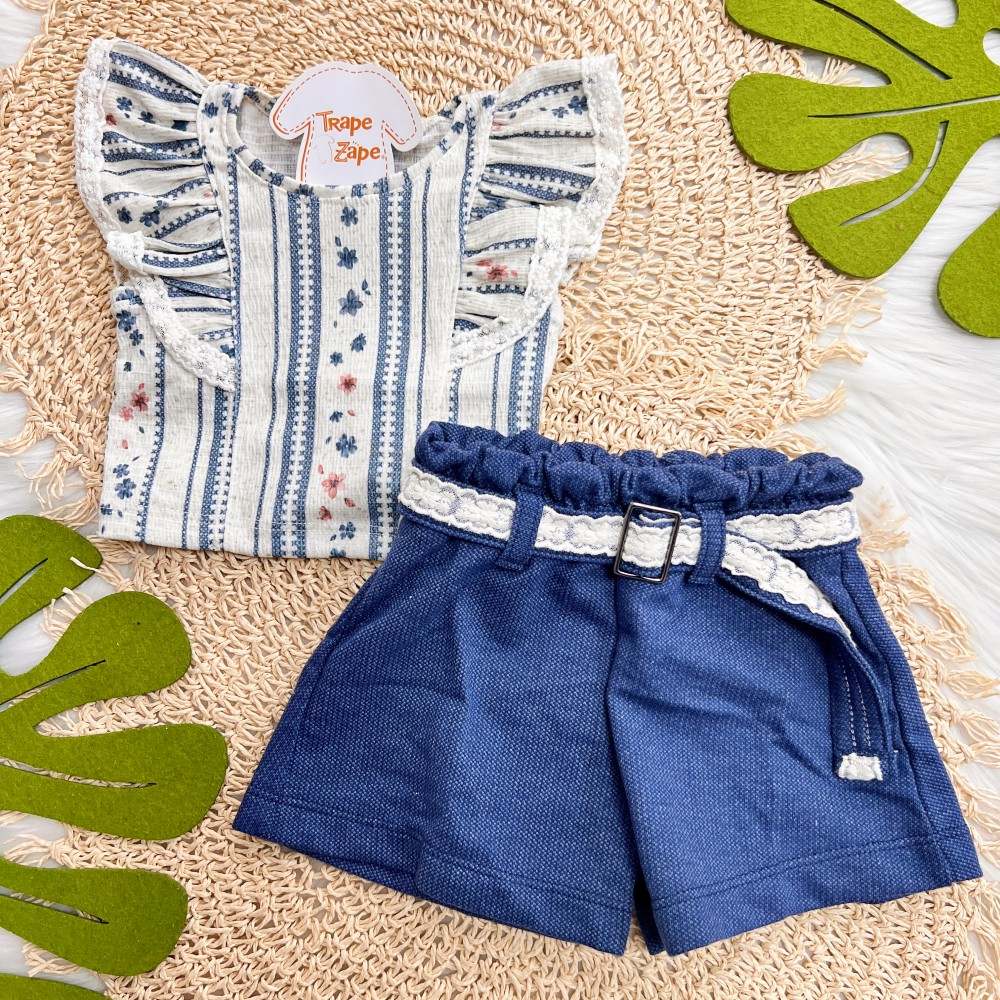 Verão 24/25 - Conj. Regata em Linho e Short com Cinto em Renda - Off White e Azul Marinho