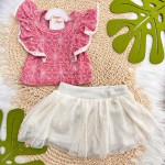 Natal 2024 - Conj. Blusa com Flores em Linho e Short/Saia com Tule - Vermelho e Off White