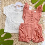 Verão 24/25 - Conj. Blusa em Linho e Jardineira Listrada - Areia e Coral