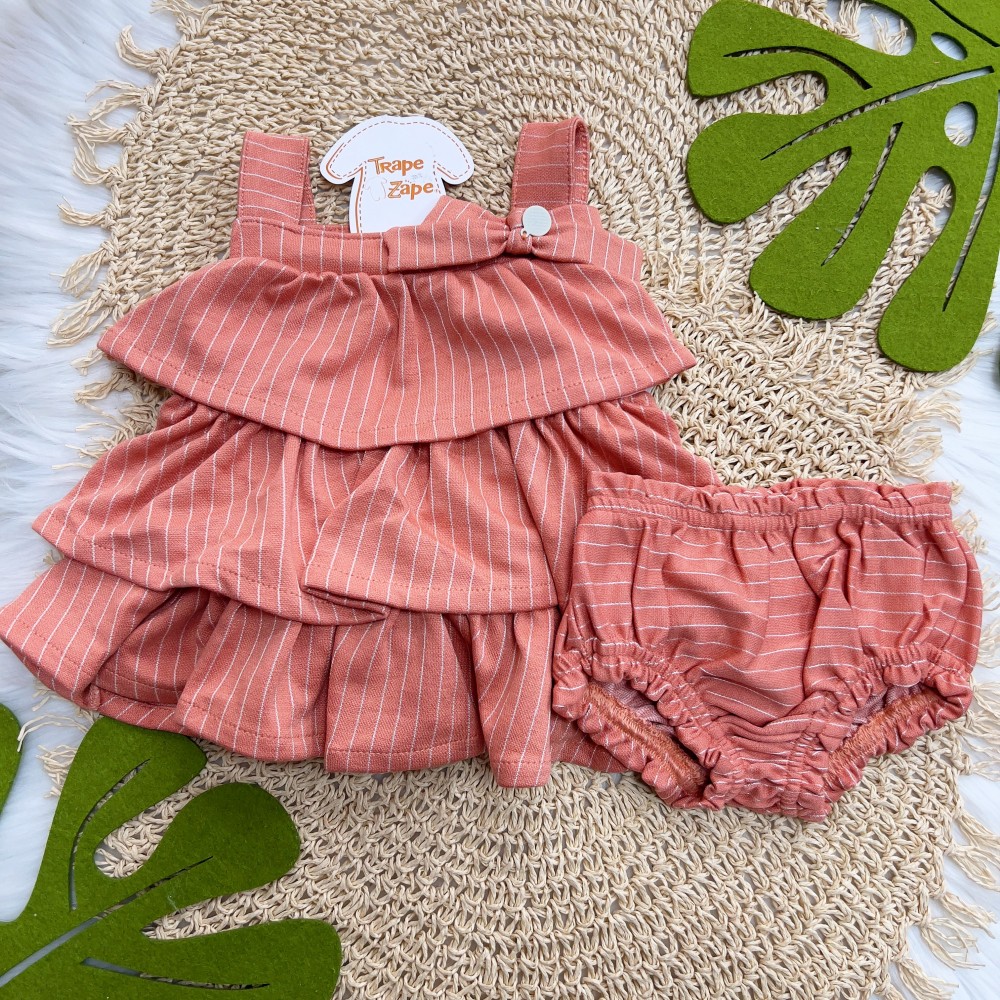 Verão 24/25 - Vestido Listrado com Tapa Fraldas - Coral